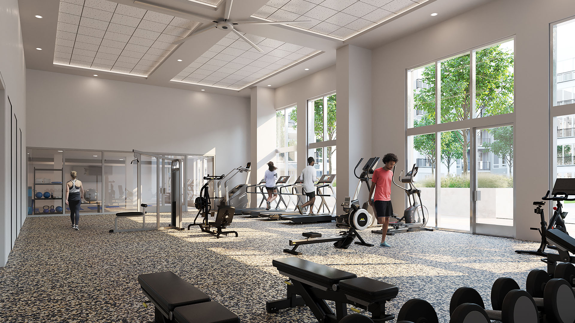 Indoor community gym at apartment complex High Street Atlanta