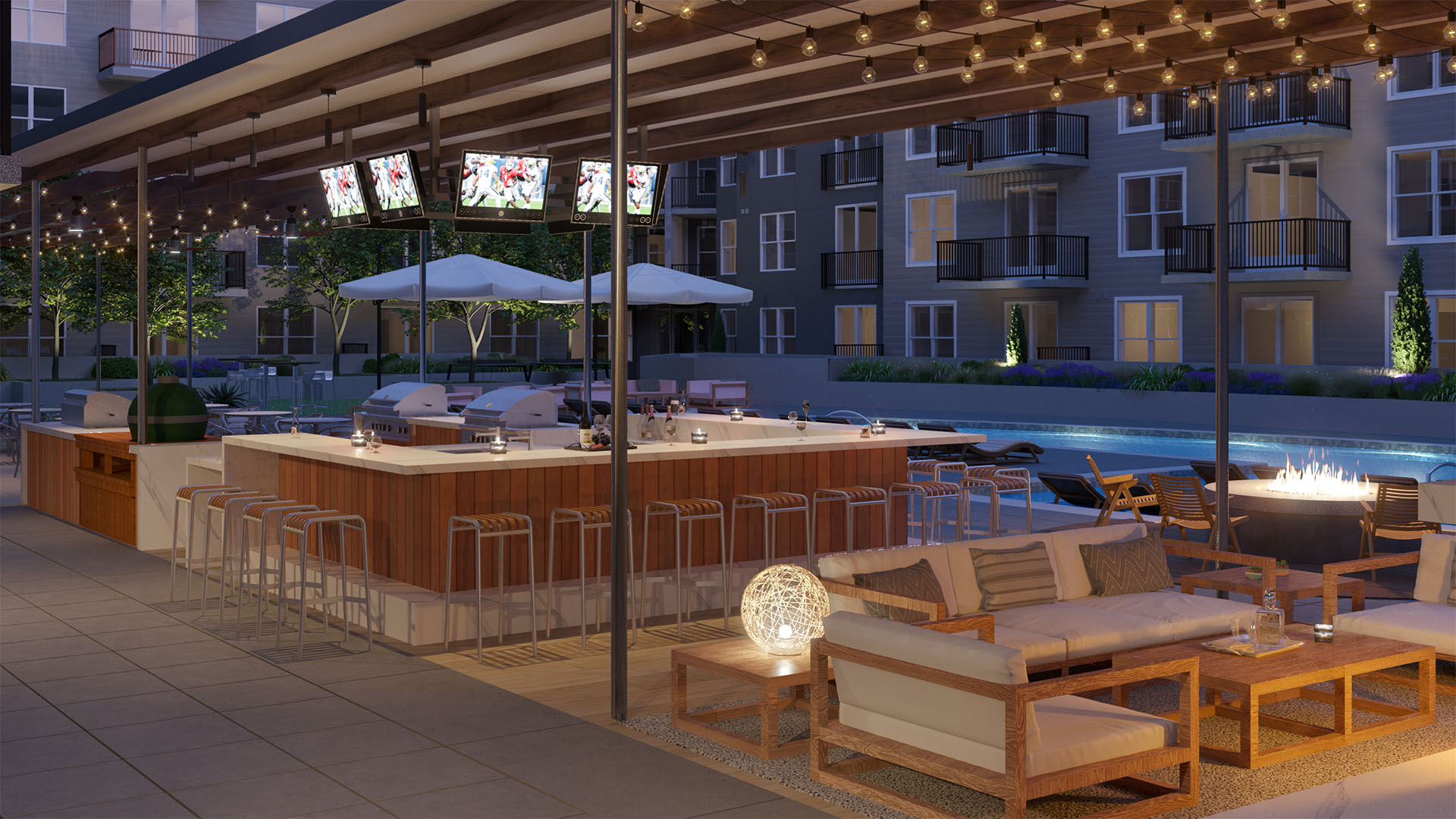 Bar lounge and firepit poolside at apartment community High Street Atlanta